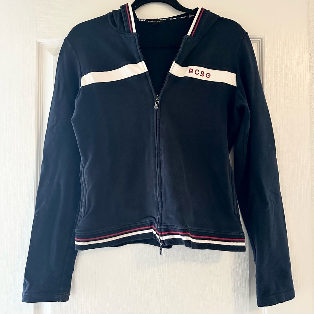 BCBGMaxAzria Full Zip Jacket Womens XL Black Long Sleeve Hooded Hoodie Y2K